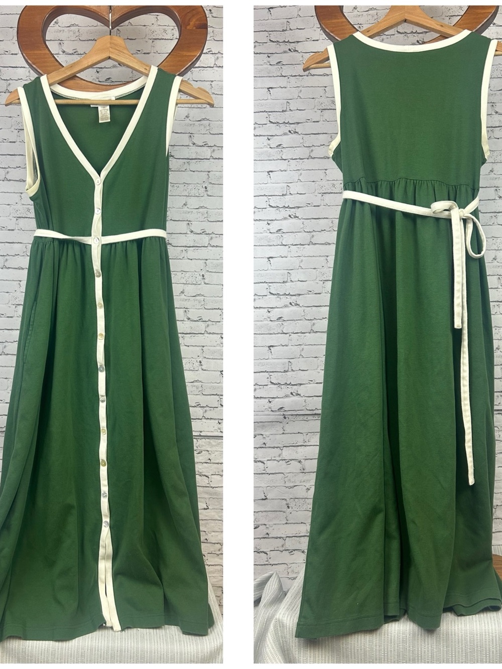 Vintage Green Sleeveless Button-Front Maxi Dress with Cream Trim size M